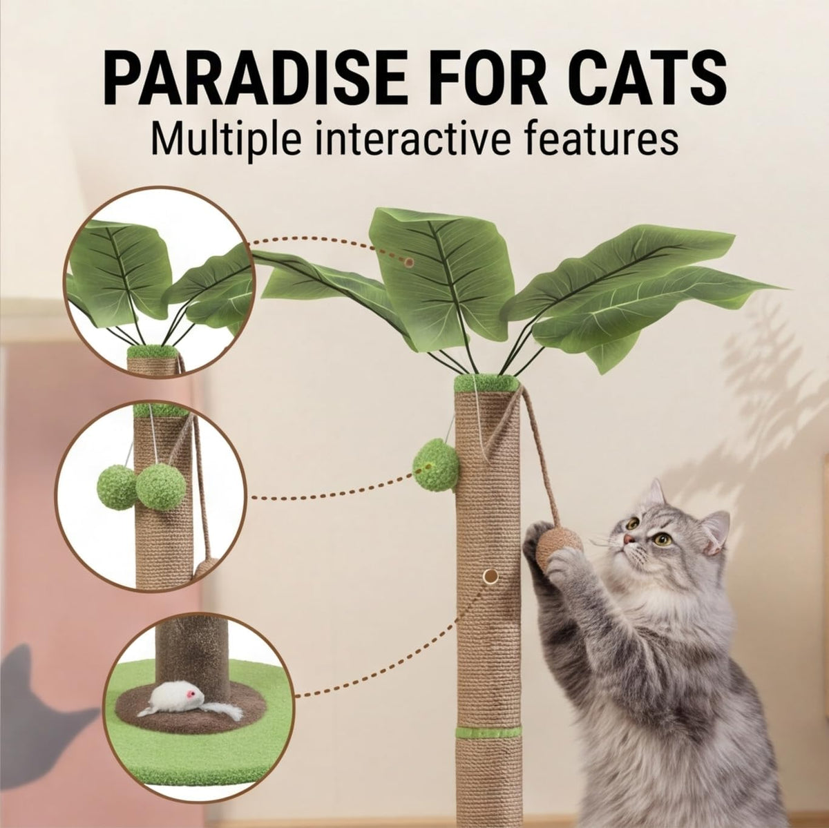 Areca Palm Cat Scratching Post Cat Scratcher Tower with 2-Layer Ball Tracks