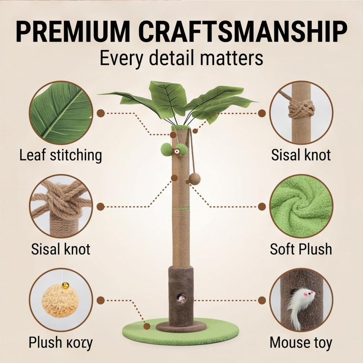Areca Palm Cat Scratching Post Cat Scratcher Tower with 2-Layer Ball Tracks