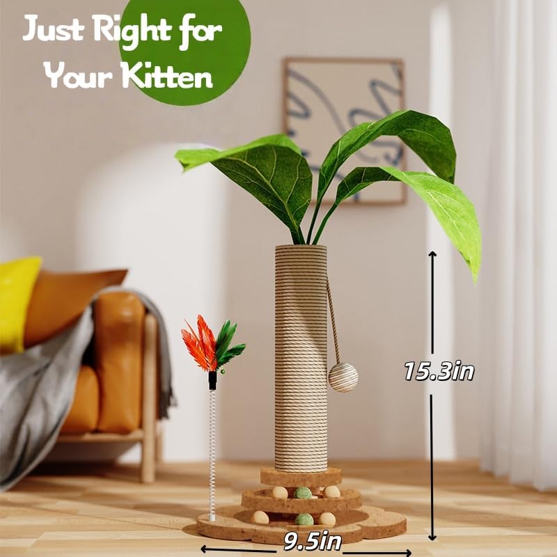 Areca Palm Cat Scratching Post Cat Scratcher Tower with 2-Layer Ball Tracks