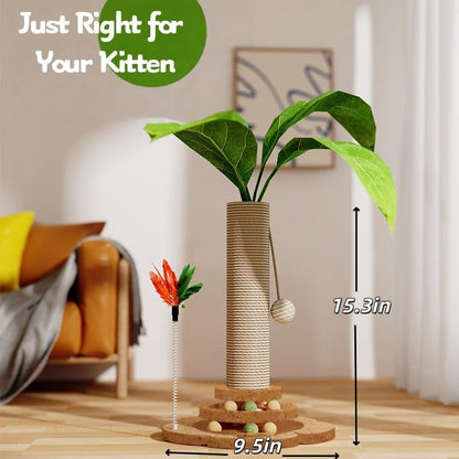 Areca Palm Cat Scratching Post Cat Scratcher Tower with 2-Layer Ball Tracks