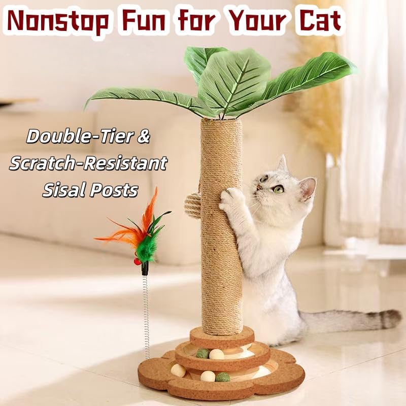 Areca Palm Cat Scratching Post Cat Scratcher Tower with 2-Layer Ball Tracks