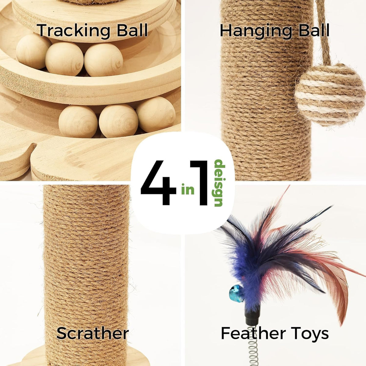 Areca Palm Cat Scratching Post Cat Scratcher Tower with 2-Layer Ball Tracks