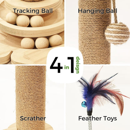 Areca Palm Cat Scratching Post Cat Scratcher Tower with 2-Layer Ball Tracks