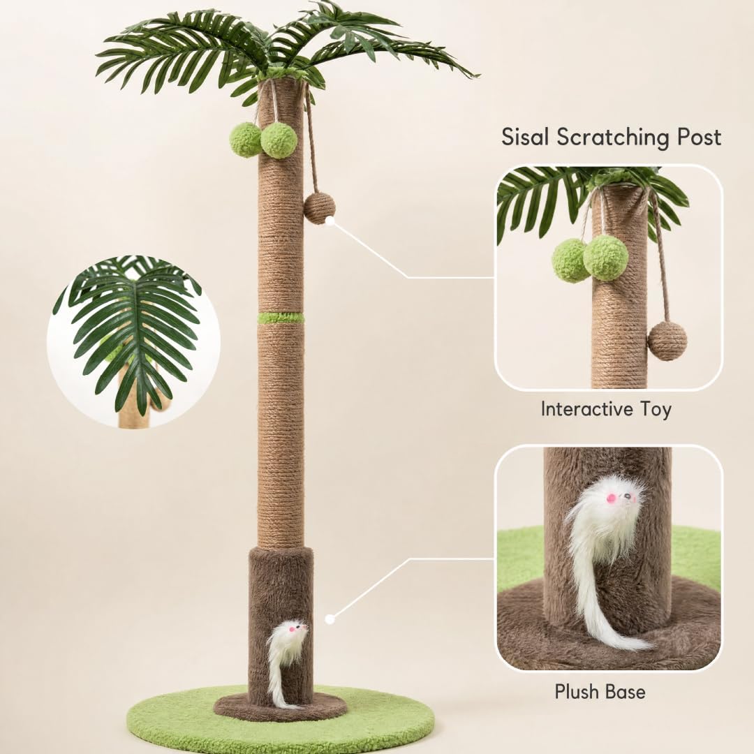 Areca Palm Cat Scratching Post Cat Scratcher Tower with 2-Layer Ball Tracks
