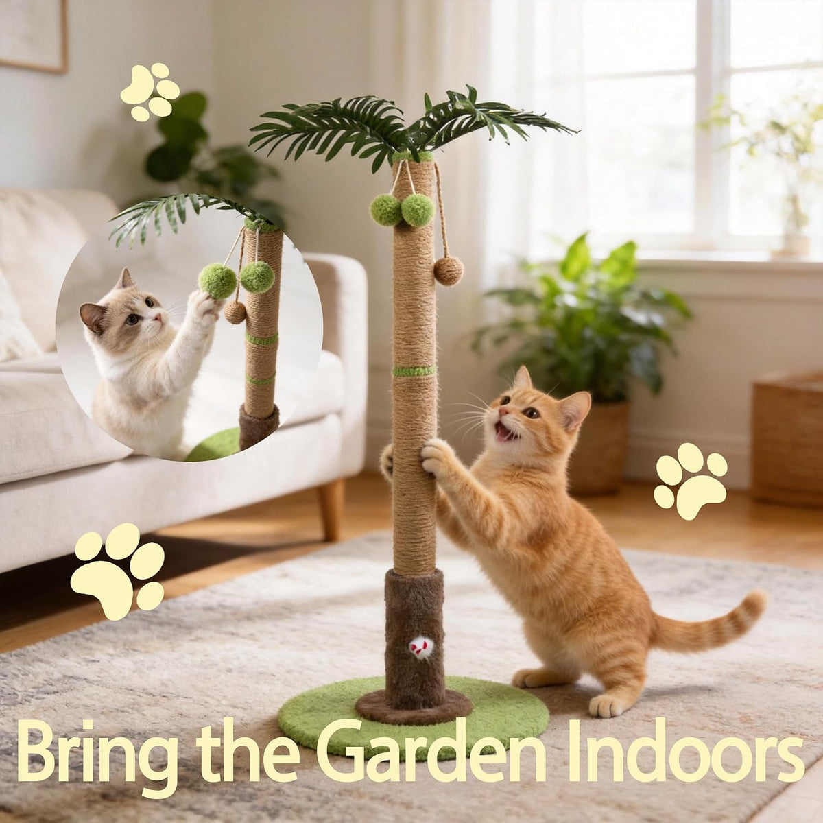 Areca Palm Cat Scratching Post Cat Scratcher Tower with 2-Layer Ball Tracks