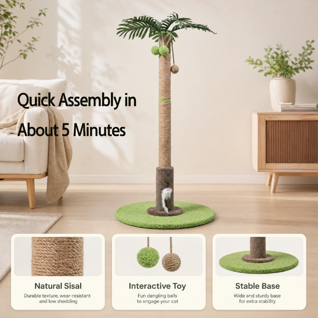 Areca Palm Cat Scratching Post Cat Scratcher Tower with 2-Layer Ball Tracks