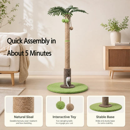 Areca Palm Cat Scratching Post Cat Scratcher Tower with 2-Layer Ball Tracks