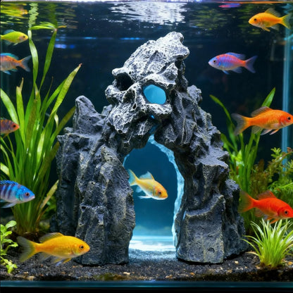 Fish Tank Decorations, Large Aquarium Decor Accessories with Heavy Concrete Rock Mountain, Bearded Dragon Hideout, Reptile & Amphibian Habitat Hideouts, Weighted Cave Stone (Brown Mountain)