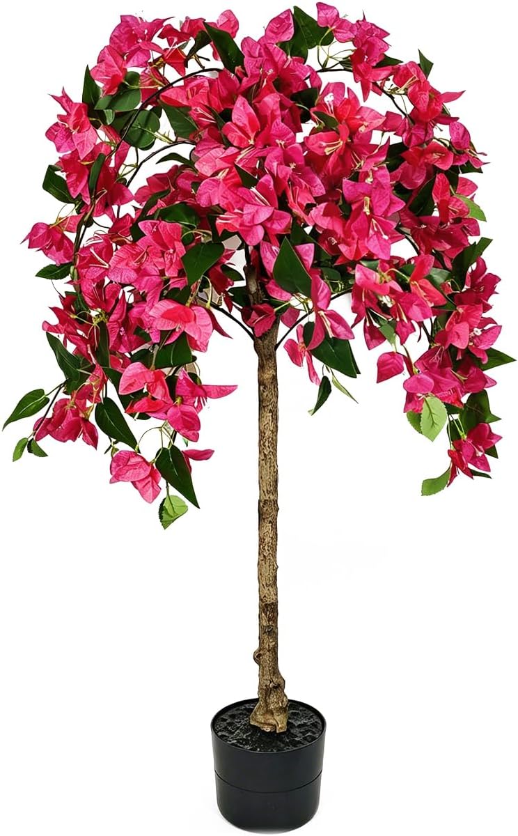 3.5FT Artificial Bougainvillea Topiary Tree with Planter, Potted Fake Silk Floral Flowers, Lifelike Faux Fuchsia Plants Bushes with Natural Wood Trunk for Home Garden Patio Indoor Outdoor Decor