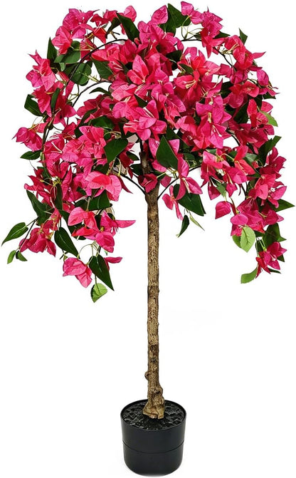 3.5FT Artificial Bougainvillea Topiary Tree with Planter, Potted Fake Silk Floral Flowers, Lifelike Faux Fuchsia Plants Bushes with Natural Wood Trunk for Home Garden Patio Indoor Outdoor Decor