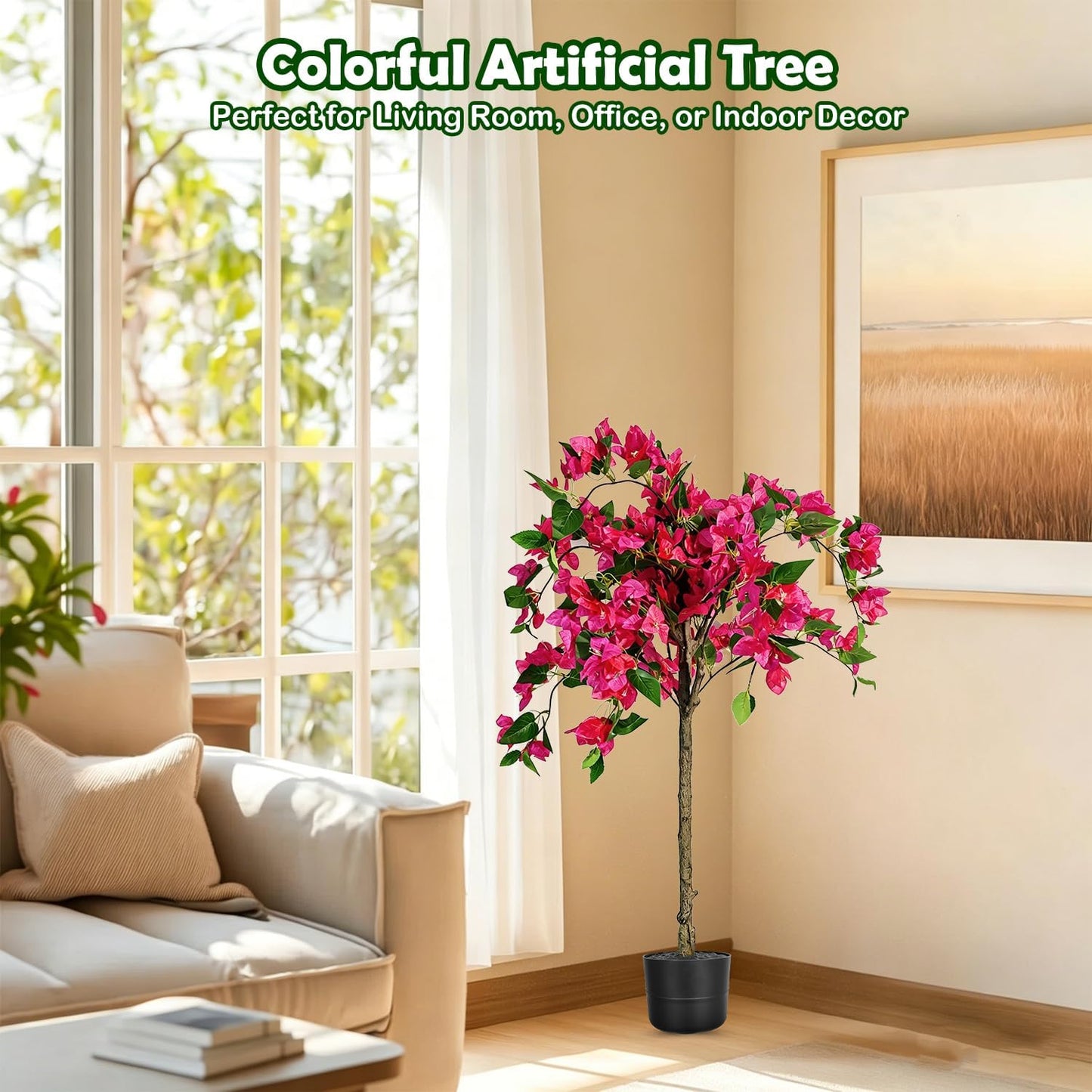 3.5FT Artificial Bougainvillea Topiary Tree with Planter, Potted Fake Silk Floral Flowers, Lifelike Faux Fuchsia Plants Bushes with Natural Wood Trunk for Home Garden Patio Indoor Outdoor Decor