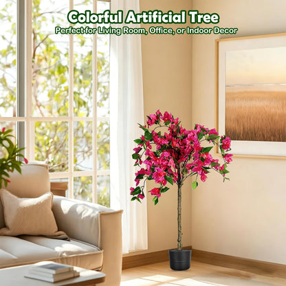 3.5FT Artificial Bougainvillea Topiary Tree with Planter, Potted Fake Silk Floral Flowers, Lifelike Faux Fuchsia Plants Bushes with Natural Wood Trunk for Home Garden Patio Indoor Outdoor Decor