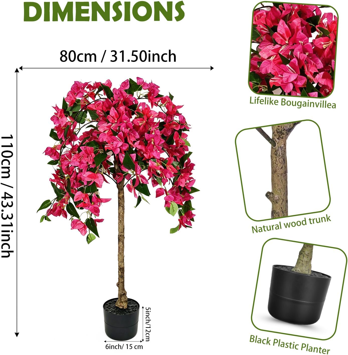 3.5FT Artificial Bougainvillea Topiary Tree with Planter, Potted Fake Silk Floral Flowers, Lifelike Faux Fuchsia Plants Bushes with Natural Wood Trunk for Home Garden Patio Indoor Outdoor Decor