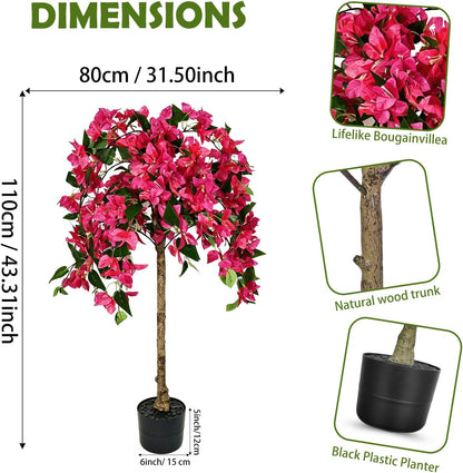 3.5FT Artificial Bougainvillea Topiary Tree with Planter, Potted Fake Silk Floral Flowers, Lifelike Faux Fuchsia Plants Bushes with Natural Wood Trunk for Home Garden Patio Indoor Outdoor Decor