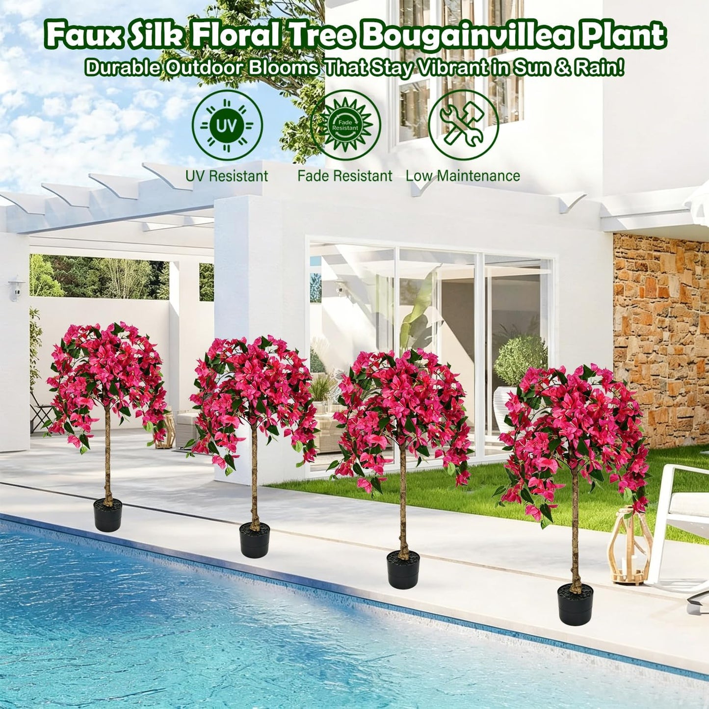 3.5FT Artificial Bougainvillea Topiary Tree with Planter, Potted Fake Silk Floral Flowers, Lifelike Faux Fuchsia Plants Bushes with Natural Wood Trunk for Home Garden Patio Indoor Outdoor Decor