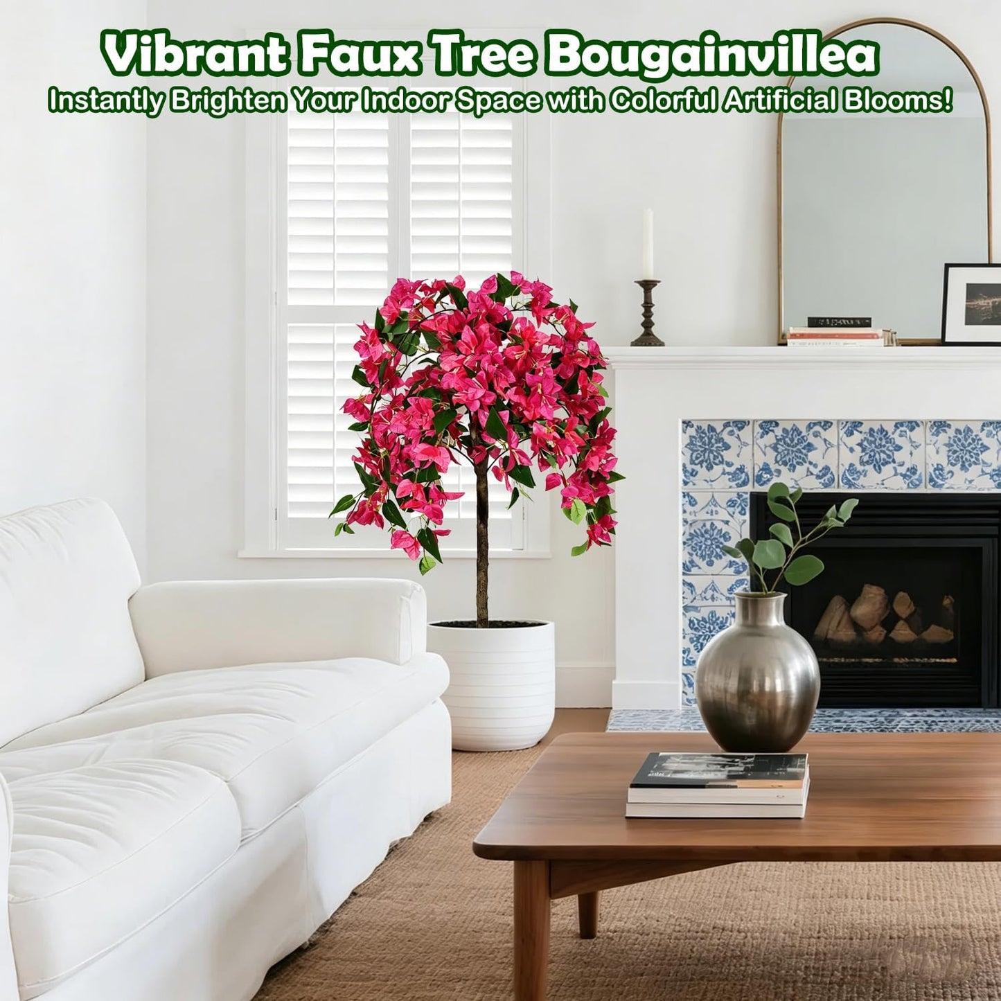 3.5FT Artificial Bougainvillea Topiary Tree with Planter, Potted Fake Silk Floral Flowers, Lifelike Faux Fuchsia Plants Bushes with Natural Wood Trunk for Home Garden Patio Indoor Outdoor Decor