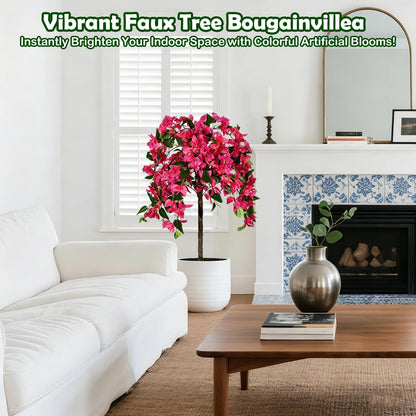 3.5FT Artificial Bougainvillea Topiary Tree with Planter, Potted Fake Silk Floral Flowers, Lifelike Faux Fuchsia Plants Bushes with Natural Wood Trunk for Home Garden Patio Indoor Outdoor Decor