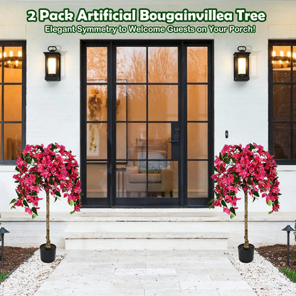 3.5FT Artificial Bougainvillea Topiary Tree with Planter, Potted Fake Silk Floral Flowers, Lifelike Faux Fuchsia Plants Bushes with Natural Wood Trunk for Home Garden Patio Indoor Outdoor Decor