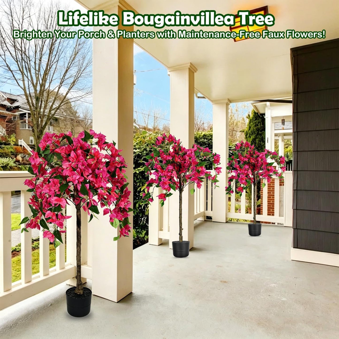 3.5FT Artificial Bougainvillea Topiary Tree with Planter, Potted Fake Silk Floral Flowers, Lifelike Faux Fuchsia Plants Bushes with Natural Wood Trunk for Home Garden Patio Indoor Outdoor Decor