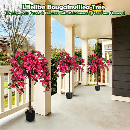 3.5FT Artificial Bougainvillea Topiary Tree with Planter, Potted Fake Silk Floral Flowers, Lifelike Faux Fuchsia Plants Bushes with Natural Wood Trunk for Home Garden Patio Indoor Outdoor Decor