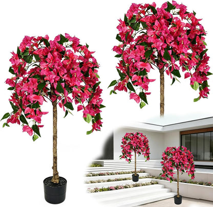 3.5FT Artificial Bougainvillea Topiary Tree with Planter, Potted Fake Silk Floral Flowers, Lifelike Faux Fuchsia Plants Bushes with Natural Wood Trunk for Home Garden Patio Indoor Outdoor Decor
