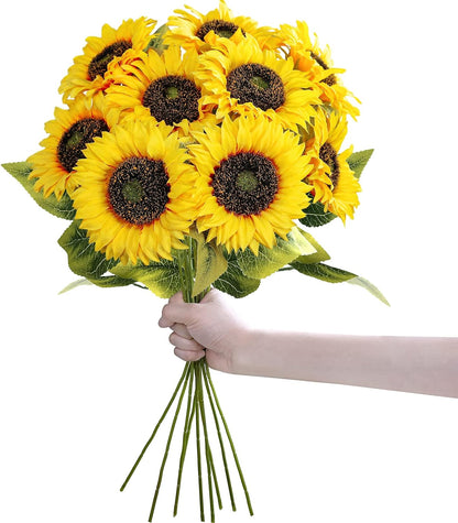 9-Pack Artificial Sunflower Stems, 19.7" Tall Full & Lifelike Yellow Silk Flowers with Long Stems for Vase Bouquet Centerpiece Wreath Floral Arrangement Wedding Birthday Party Fall Décor