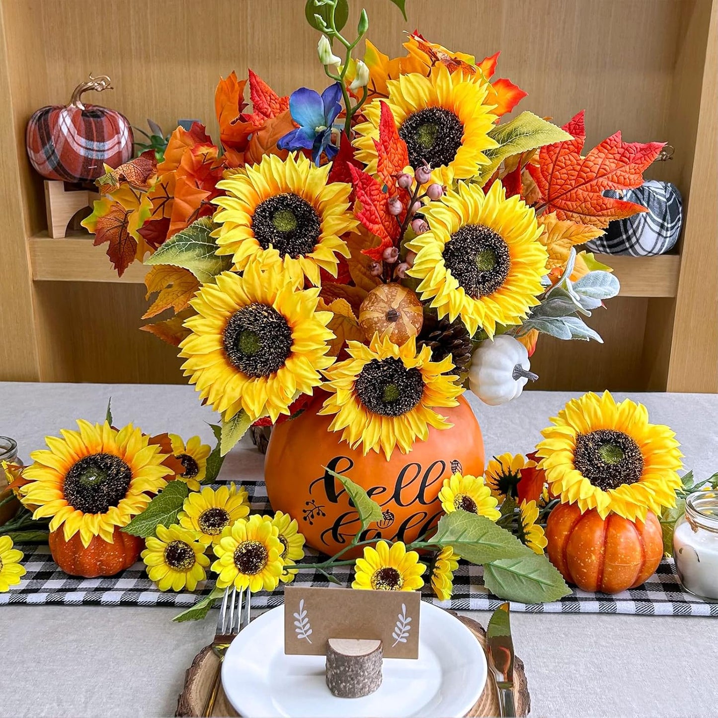 9-Pack Artificial Sunflower Stems, 19.7" Tall Full & Lifelike Yellow Silk Flowers with Long Stems for Vase Bouquet Centerpiece Wreath Floral Arrangement Wedding Birthday Party Fall Décor