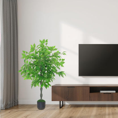 Artificial Ficus Tree 4FT Tall, Artificial Plants Indoor with Black Planter Faux Ficus Tree Realistic Faux Silk Plant for Home Office Living Room, Porch, Garden Decor