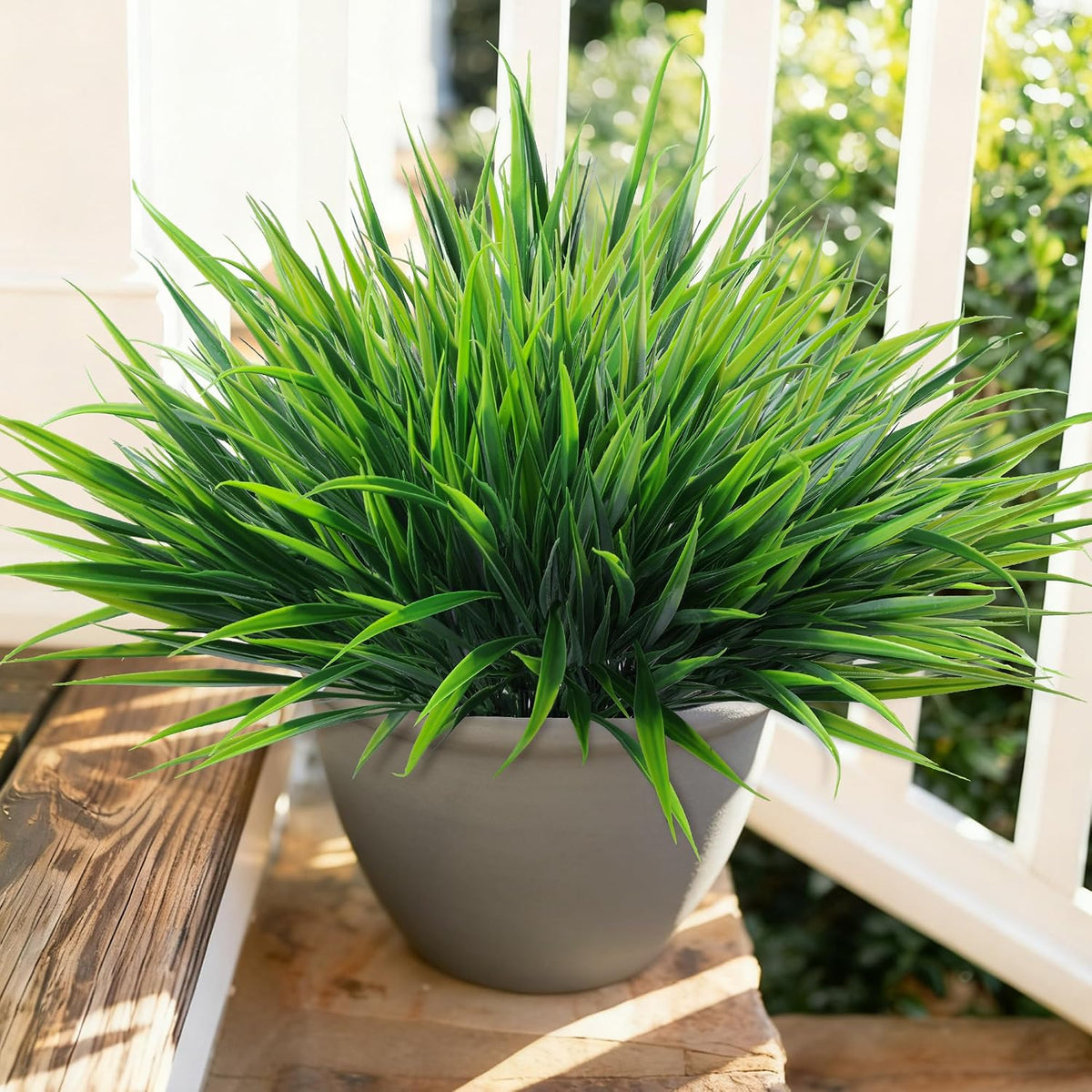 12Pcs Artificial Plants Outdoor Fake Plastic Grass Fall Decoration UV Resistant Faux Greenery Stems Bushes Outside Fake Plants for Planters Patio Porch Window Box Pathway Garden Home Decor, Green
