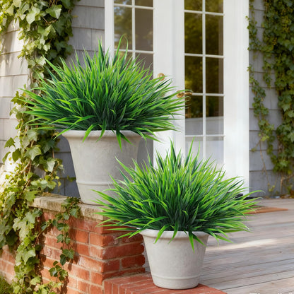 12Pcs Artificial Plants Outdoor Fake Plastic Grass Fall Decoration UV Resistant Faux Greenery Stems Bushes Outside Fake Plants for Planters Patio Porch Window Box Pathway Garden Home Decor, Green