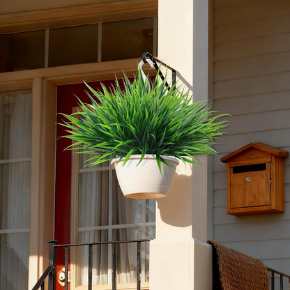 12Pcs Artificial Plants Outdoor Fake Plastic Grass Fall Decoration UV Resistant Faux Greenery Stems Bushes Outside Fake Plants for Planters Patio Porch Window Box Pathway Garden Home Decor, Green