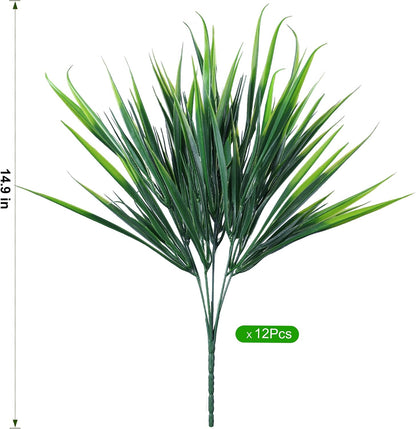 12Pcs Artificial Plants Outdoor Fake Plastic Grass Fall Decoration UV Resistant Faux Greenery Stems Bushes Outside Fake Plants for Planters Patio Porch Window Box Pathway Garden Home Decor, Green