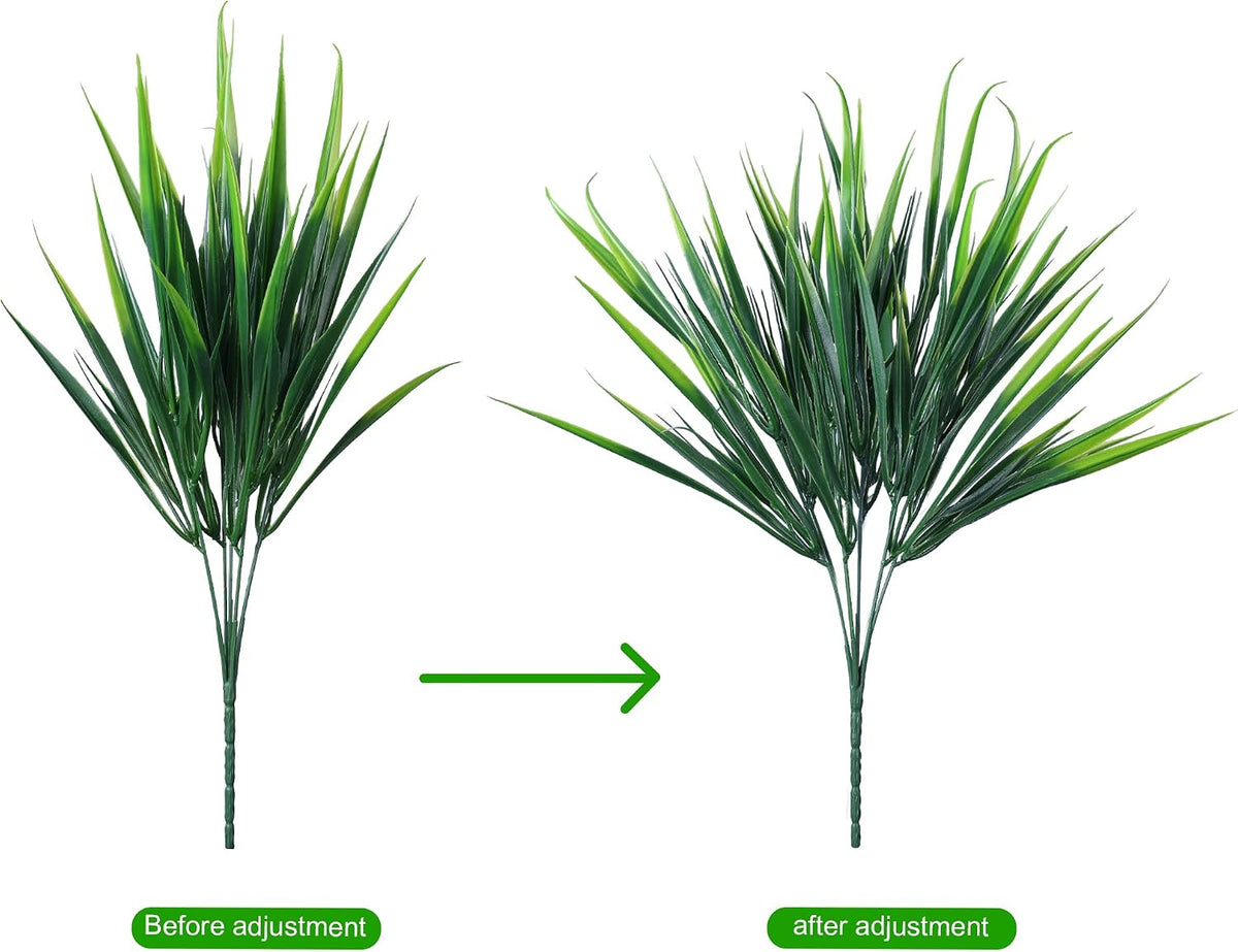 12Pcs Artificial Plants Outdoor Fake Plastic Grass Fall Decoration UV Resistant Faux Greenery Stems Bushes Outside Fake Plants for Planters Patio Porch Window Box Pathway Garden Home Decor, Green