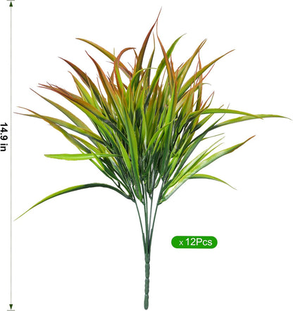 12Pcs Artificial Plants Outdoor Fake Plastic Grass Fall Decoration UV Resistant Faux Greenery Stems Bushes Outside Fake Plants for Planters Patio Porch Window Box Pathway Garden Home Decor, Green