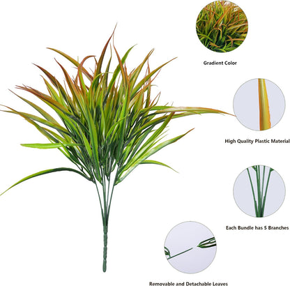12Pcs Artificial Plants Outdoor Fake Plastic Grass Fall Decoration UV Resistant Faux Greenery Stems Bushes Outside Fake Plants for Planters Patio Porch Window Box Pathway Garden Home Decor, Green