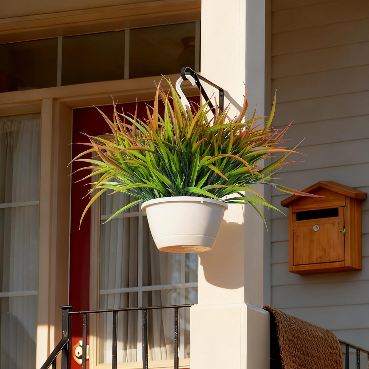12Pcs Artificial Plants Outdoor Fake Plastic Grass Fall Decoration UV Resistant Faux Greenery Stems Bushes Outside Fake Plants for Planters Patio Porch Window Box Pathway Garden Home Decor, Green