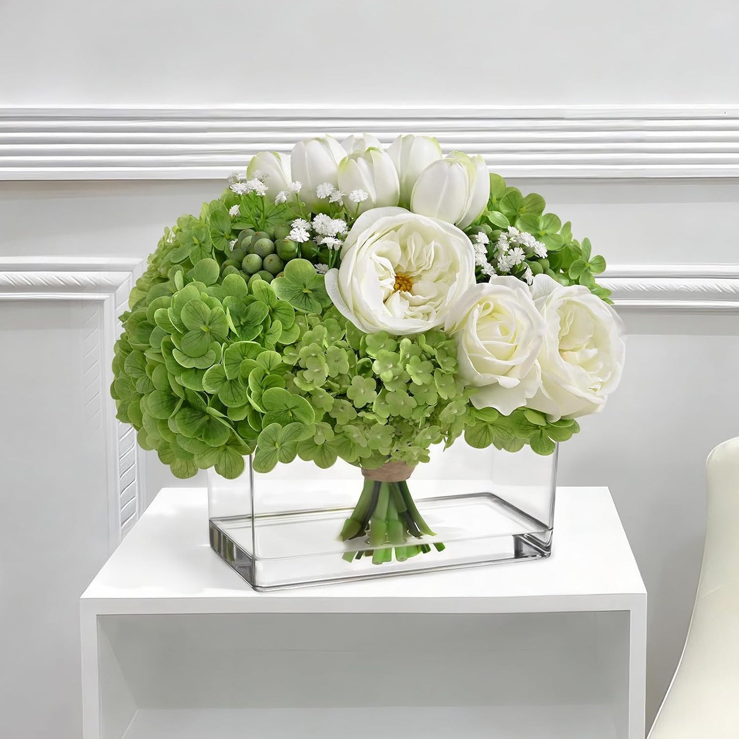 Fake Flowers in Vase - Real Touch Peonies Tulips Hydrangea Artificial Flowers with Vase, Large Faux Flowers with Lifelike Faux Water, Centerpiece Table Decorations for Coffee Table Decor