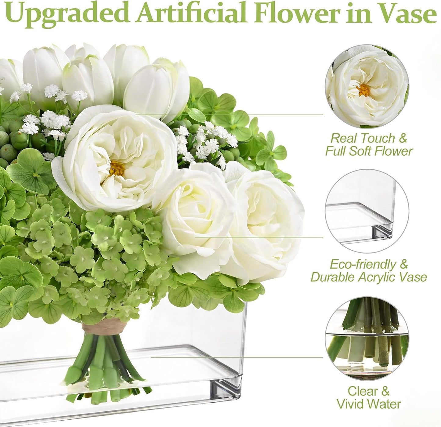 Fake Flowers in Vase - Real Touch Peonies Tulips Hydrangea Artificial Flowers with Vase, Large Faux Flowers with Lifelike Faux Water, Centerpiece Table Decorations for Coffee Table Decor