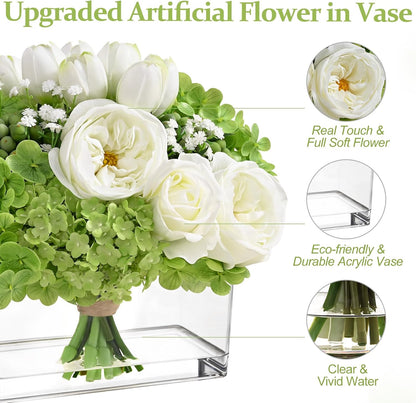 Fake Flowers in Vase - Real Touch Peonies Tulips Hydrangea Artificial Flowers with Vase, Large Faux Flowers with Lifelike Faux Water, Centerpiece Table Decorations for Coffee Table Decor