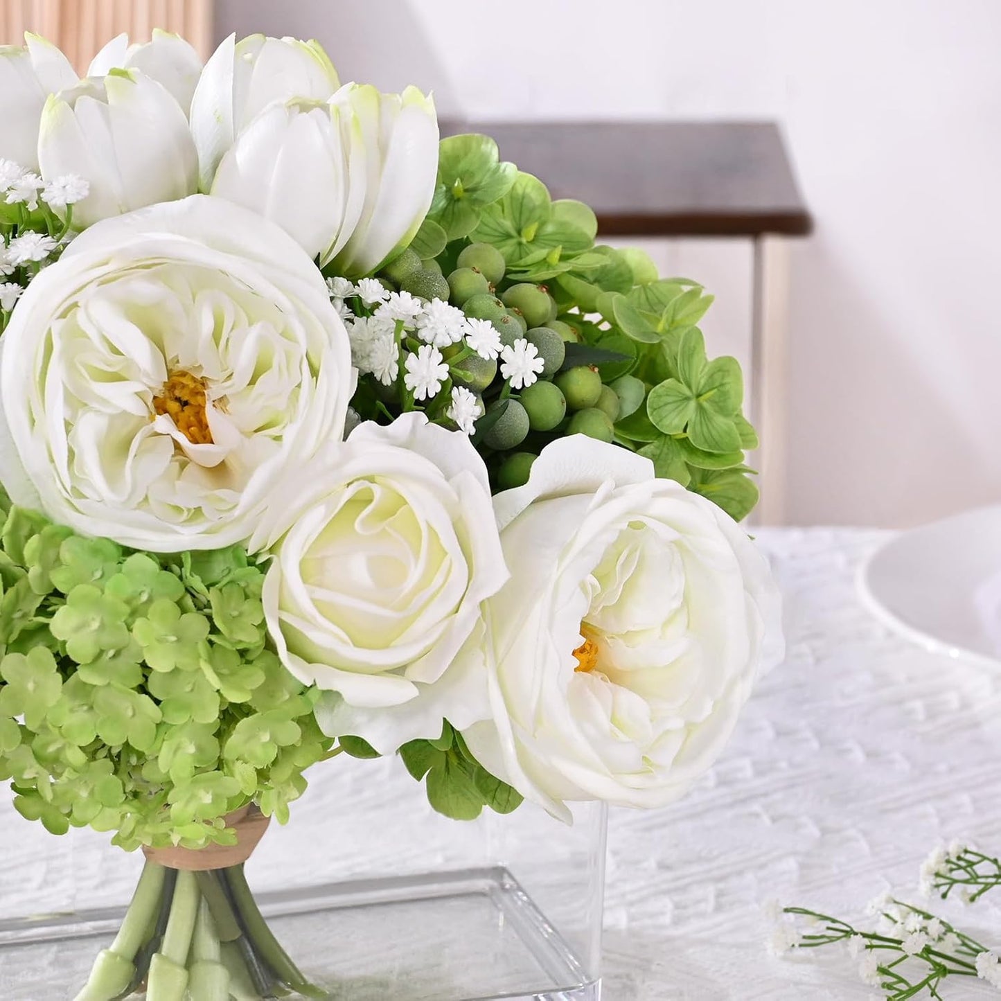 Fake Flowers in Vase - Real Touch Peonies Tulips Hydrangea Artificial Flowers with Vase, Large Faux Flowers with Lifelike Faux Water, Centerpiece Table Decorations for Coffee Table Decor