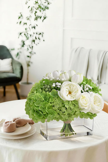 Fake Flowers in Vase - Real Touch Peonies Tulips Hydrangea Artificial Flowers with Vase, Large Faux Flowers with Lifelike Faux Water, Centerpiece Table Decorations for Coffee Table Decor