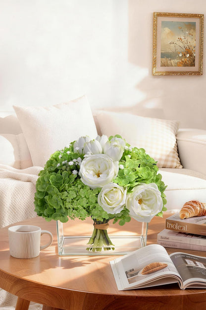 Fake Flowers in Vase - Real Touch Peonies Tulips Hydrangea Artificial Flowers with Vase, Large Faux Flowers with Lifelike Faux Water, Centerpiece Table Decorations for Coffee Table Decor