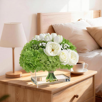 Fake Flowers in Vase - Real Touch Peonies Tulips Hydrangea Artificial Flowers with Vase, Large Faux Flowers with Lifelike Faux Water, Centerpiece Table Decorations for Coffee Table Decor