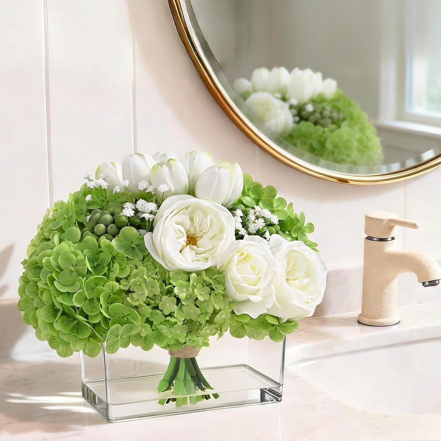 Fake Flowers in Vase - Real Touch Peonies Tulips Hydrangea Artificial Flowers with Vase, Large Faux Flowers with Lifelike Faux Water, Centerpiece Table Decorations for Coffee Table Decor