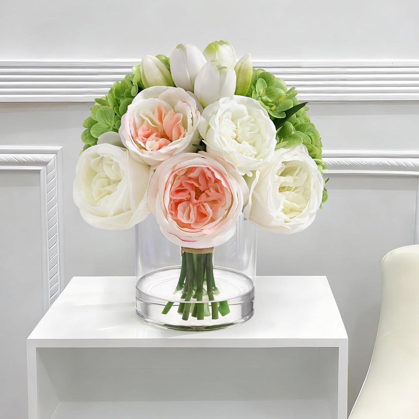 Fake Flowers in Vase - Real Touch Peonies Tulips Hydrangea Artificial Flowers with Vase, Large Faux Flowers with Lifelike Faux Water, Centerpiece Table Decorations for Coffee Table Decor