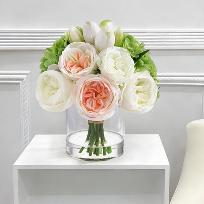 Fake Flowers in Vase - Real Touch Peonies Tulips Hydrangea Artificial Flowers with Vase, Large Faux Flowers with Lifelike Faux Water, Centerpiece Table Decorations for Coffee Table Decor