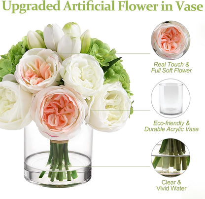 Fake Flowers in Vase - Real Touch Peonies Tulips Hydrangea Artificial Flowers with Vase, Large Faux Flowers with Lifelike Faux Water, Centerpiece Table Decorations for Coffee Table Decor