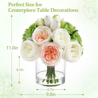 Fake Flowers in Vase - Real Touch Peonies Tulips Hydrangea Artificial Flowers with Vase, Large Faux Flowers with Lifelike Faux Water, Centerpiece Table Decorations for Coffee Table Decor