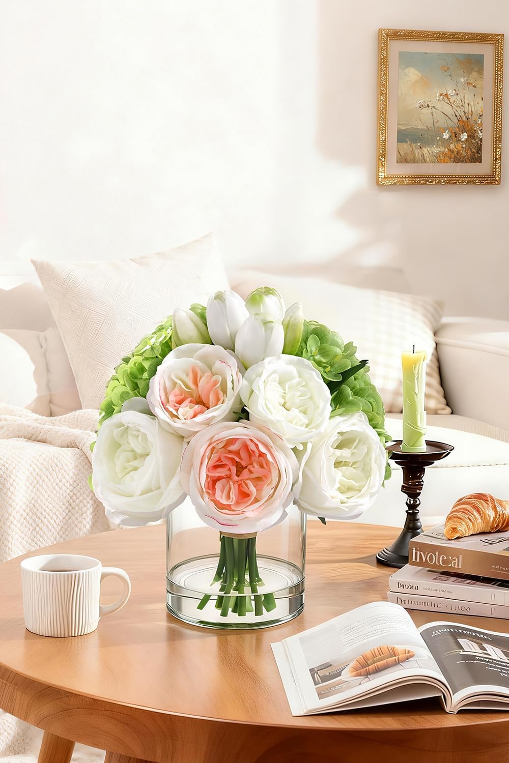 Fake Flowers in Vase - Real Touch Peonies Tulips Hydrangea Artificial Flowers with Vase, Large Faux Flowers with Lifelike Faux Water, Centerpiece Table Decorations for Coffee Table Decor
