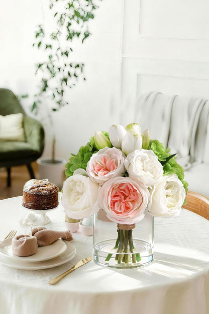 Fake Flowers in Vase - Real Touch Peonies Tulips Hydrangea Artificial Flowers with Vase, Large Faux Flowers with Lifelike Faux Water, Centerpiece Table Decorations for Coffee Table Decor